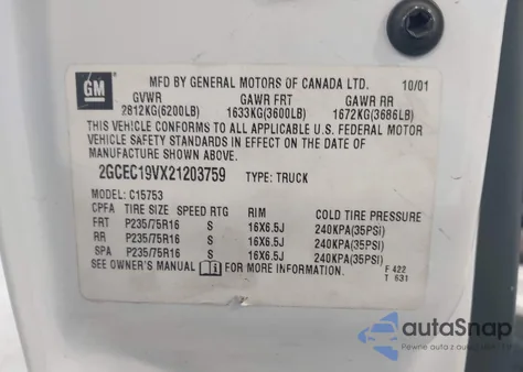 2002 Chevrolet Silverado 1500 from USA, damaged, VIN 2GCEC19VX21203759